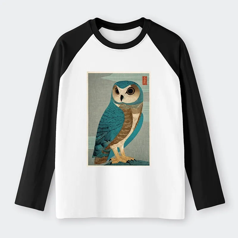Tokyo-Tiger Vintage Owl Woodblock Art Raglan Long Sleeve T-shirt