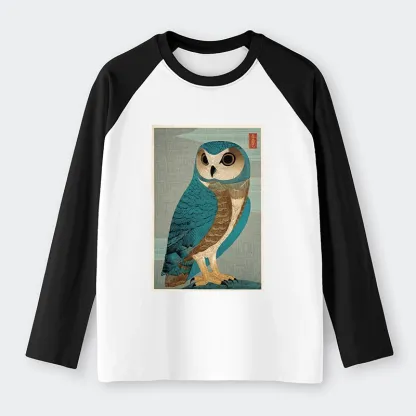 Tokyo-Tiger Vintage Owl Woodblock Art Raglan Long Sleeve T-shirt