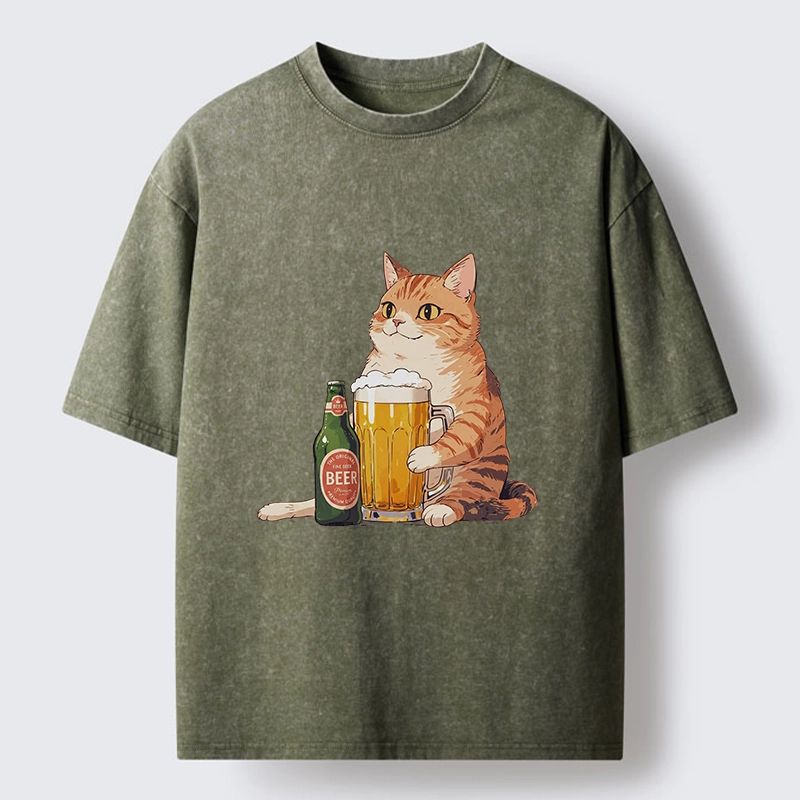 Tokyo-Tiger Funny Beer Cat After Work Washed T-Shirt