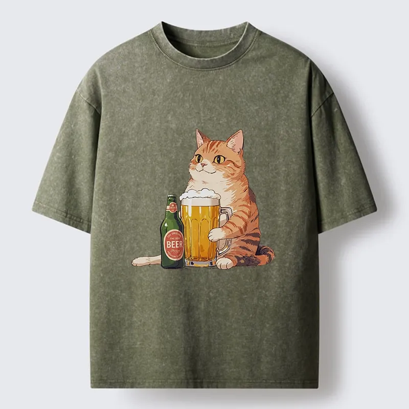 Tokyo-Tiger Funny Beer Cat After Work Washed T-Shirt