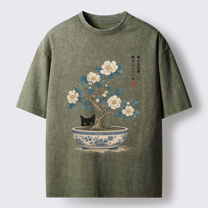 Tokyo-Tiger Black Cat Hiding In The Bonsai Washed T-Shirt