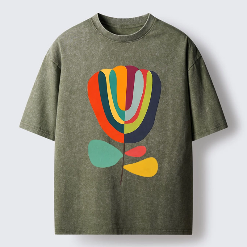 Tokyo-Tiger Colorful Flower Minimalist Print Washed T-Shirt