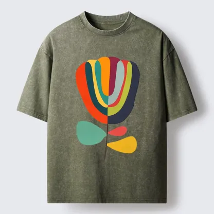 Tokyo-Tiger Colorful Flower Minimalist Print Washed T-Shirt