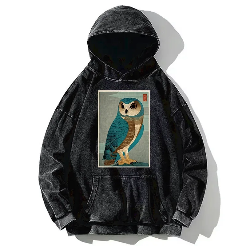 Tokyo-Tiger Vintage Owl Woodblock Art Washed Hoodie