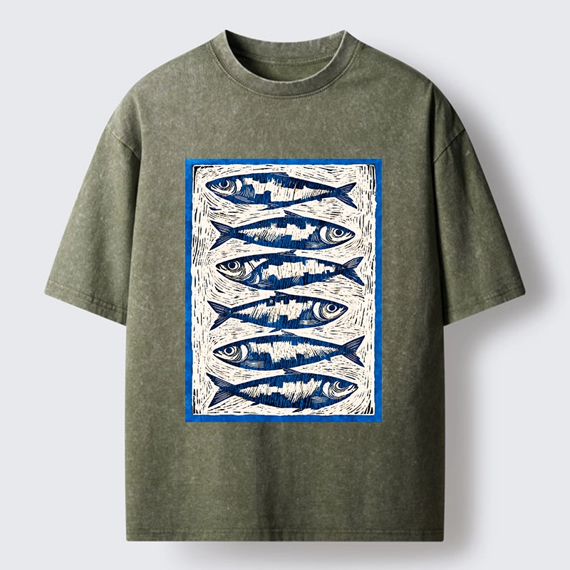 Tokyo-Tiger Vintage Block Print Ocean Fish Washed T-Shirt