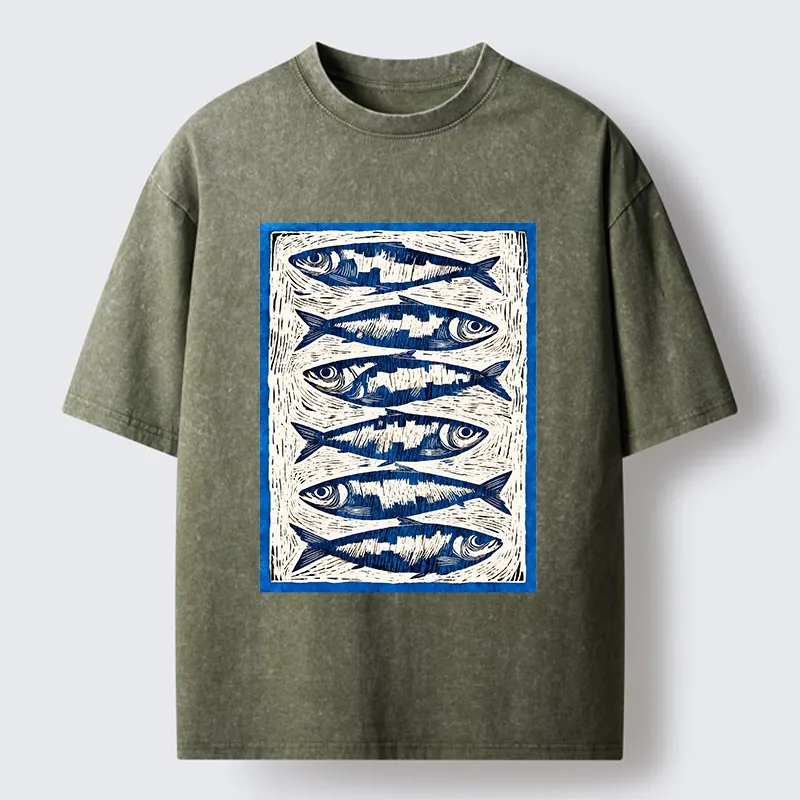 Tokyo-Tiger Vintage Block Print Ocean Fish Washed T-Shirt