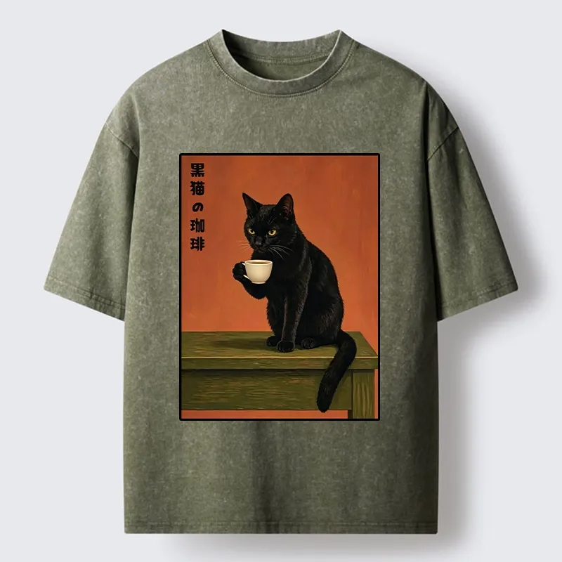 Tokyo-Tiger Retro Art Cat Sips Warm Coffee Washed T-Shirt