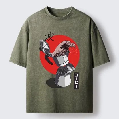 Tokyo-Tiger Coffee Wave Pours From Moka Pot Washed T-Shirt