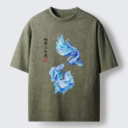 Tokyo-Tiger Japanese Watercolor Pair Betta Fish Washed T-Shirt