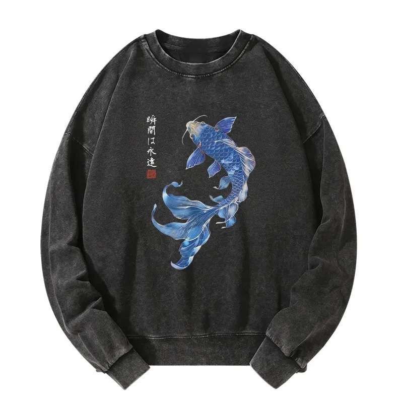 Tokyo-Tiger Lucky Blue Koi Fish Art Washed Sweatshirt