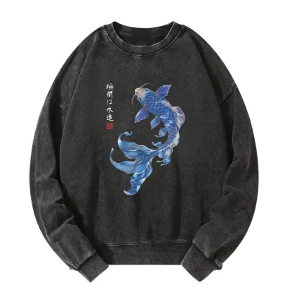 Tokyo-Tiger Lucky Blue Koi Fish Art Washed Sweatshirt