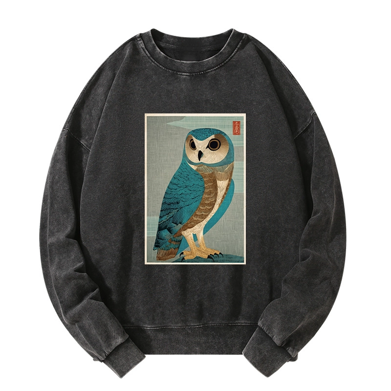 Tokyo-Tiger Vintage Owl Woodblock Art Washed Sweatshirt