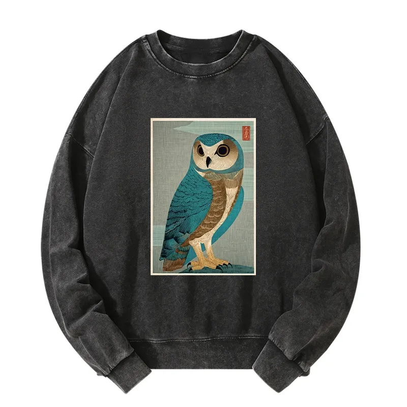 Tokyo-Tiger Vintage Owl Woodblock Art Washed Sweatshirt