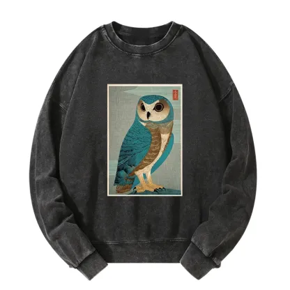 Tokyo-Tiger Vintage Owl Woodblock Art Washed Sweatshirt