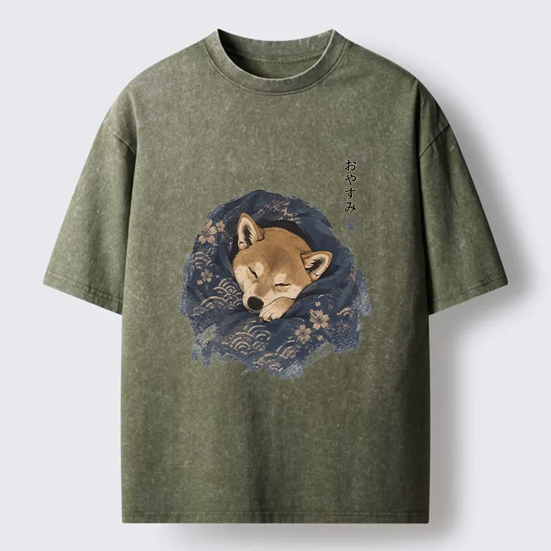Tokyo-Tiger Sleepy Shiba Hides In Warm Quilt Washed T-Shirt