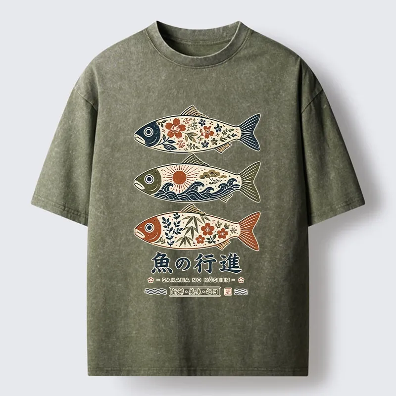 Tokyo-Tiger Sakura Waves Decorate Three Fish Washed T-Shirt