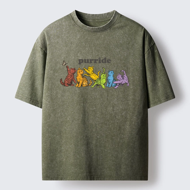 Tokyo-Tiger Rainbow Kittens Reach For Flying Butterfly Washed T-Shirt