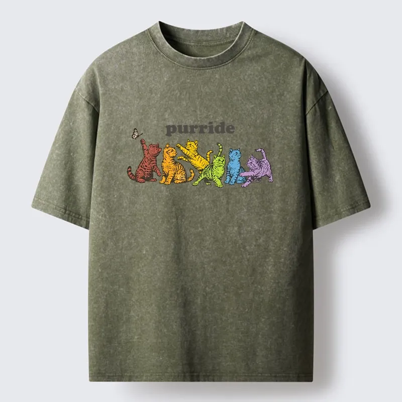 Tokyo-Tiger Rainbow Kittens Reach For Flying Butterfly Washed T-Shirt