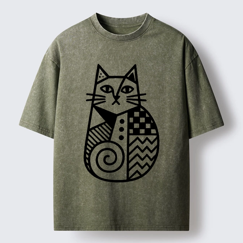 Tokyo-Tiger Simple Folk Art Patterned Cat Washed T-Shirt