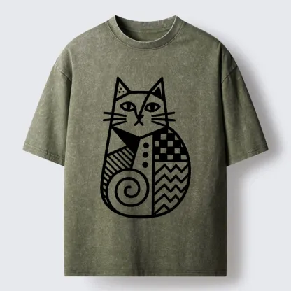 Tokyo-Tiger Simple Folk Art Patterned Cat Washed T-Shirt