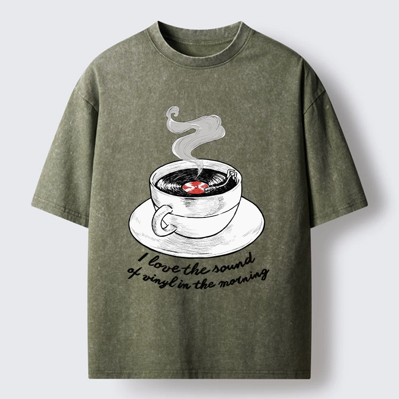 Tokyo-Tiger Coffee Cup Holds Spinning Vinyl Record Washed T-Shirt