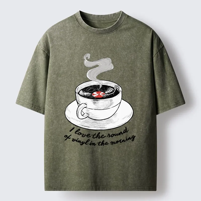 Tokyo-Tiger Coffee Cup Holds Spinning Vinyl Record Washed T-Shirt
