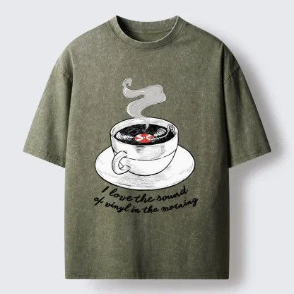 Tokyo-Tiger Coffee Cup Holds Spinning Vinyl Record Washed T-Shirt
