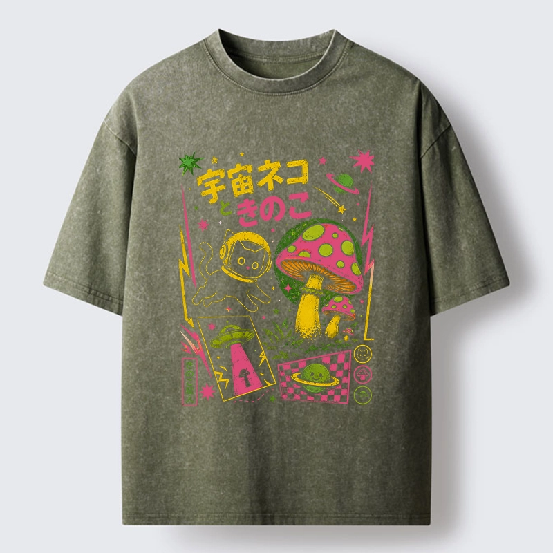 Tokyo-Tiger Space Cat And Magic Mushrooms Washed T-Shirt