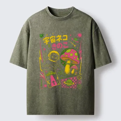 Tokyo-Tiger Space Cat And Magic Mushrooms Washed T-Shirt