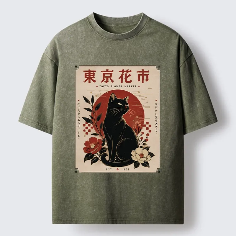 Tokyo-Tiger Tokyo Flower Market Cat Washed T-Shirt