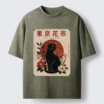 Tokyo-Tiger Tokyo Flower Market Cat Washed T-Shirt