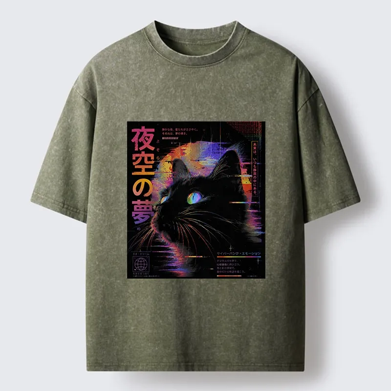 Tokyo-Tiger Night Sky Dreams Cat Washed T-Shirt