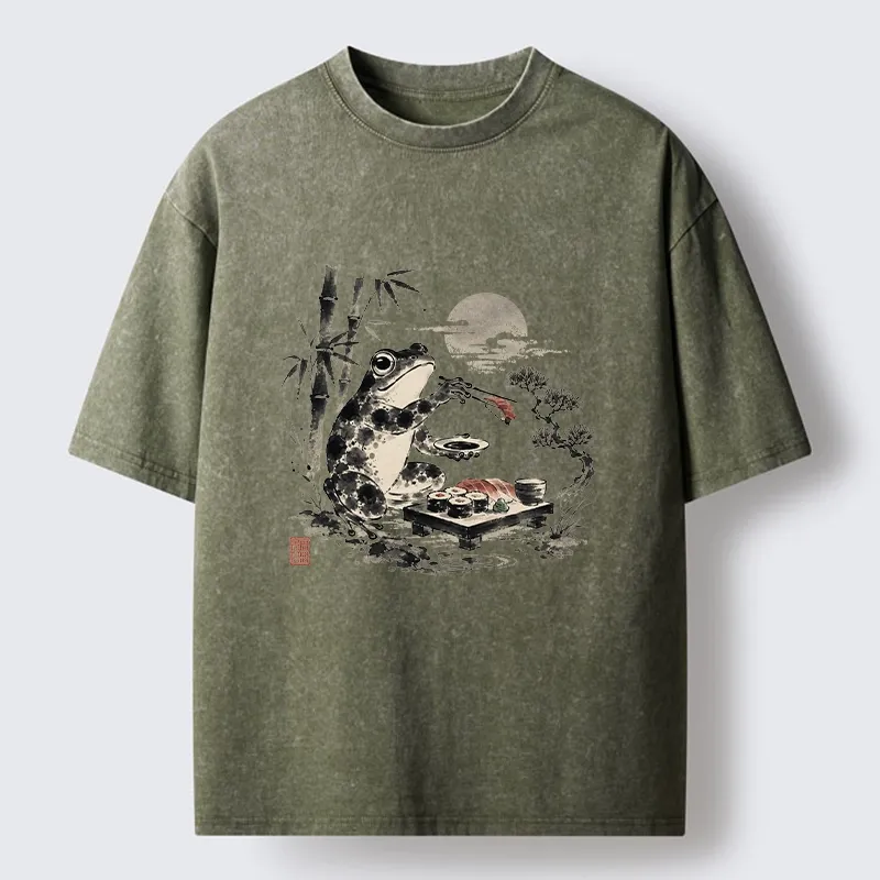 Tokyo-Tiger Frog Eating Sushi At Nigh Washed T-Shirt Sale