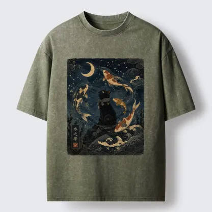 Tokyo-Tiger Black Cat And Koi Fish Washed T-Shirt