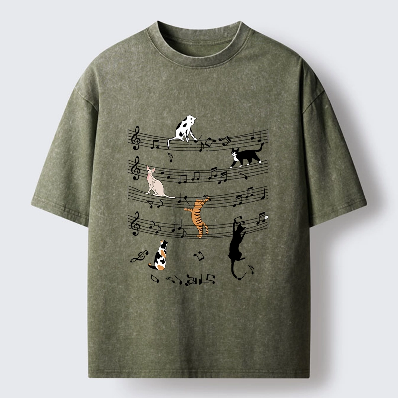 Tokyo-Tiger Cats On Musical Notes Washed T-Shirt