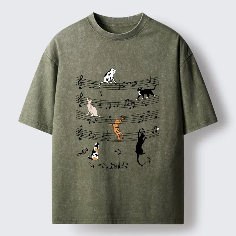 Tokyo-Tiger Cats On Musical Notes Washed T-Shirt