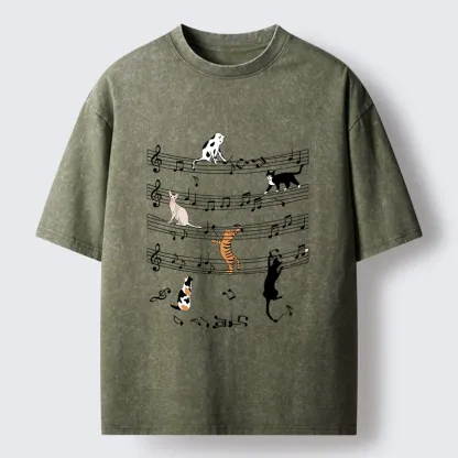 Tokyo-Tiger Cats On Musical Notes Washed T-Shirt
