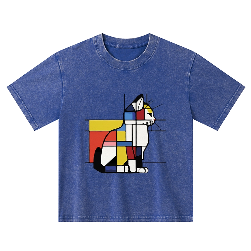 Tokyo-Tiger Geometric Cat Art In Primary Colors Kids Washed T-Shirt