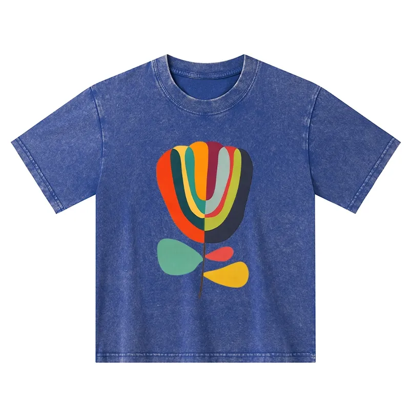 Tokyo-Tiger Colorful Flower Minimalist Print Kids Washed T-Shirt