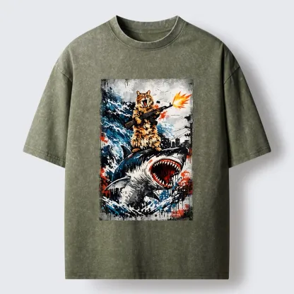 Tokyo-Tiger Cat Riding A Shark With A Gun Washed T-Shirt