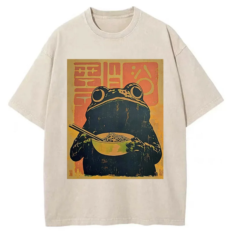 Tokyo-Tiger Retro Frog Eating Ramen Washed T-Shirt