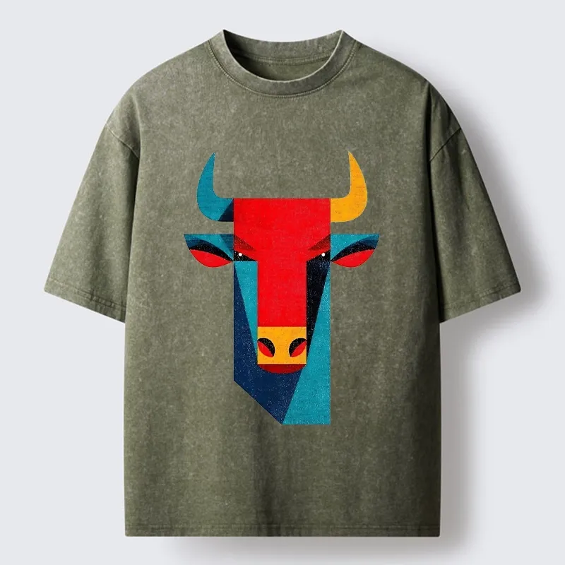 Tokyo-Tiger Geometric Bull Head Art Washed T-Shirt