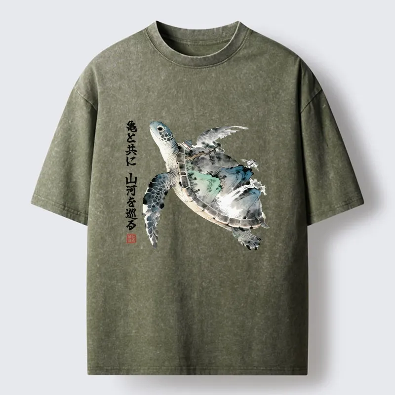 Tokyo-Tiger Ink Wash Sea Turtle Art Washed T-Shirt