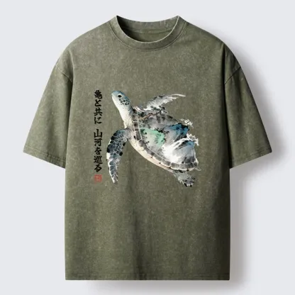 Tokyo-Tiger Ink Wash Sea Turtle Art Washed T-Shirt