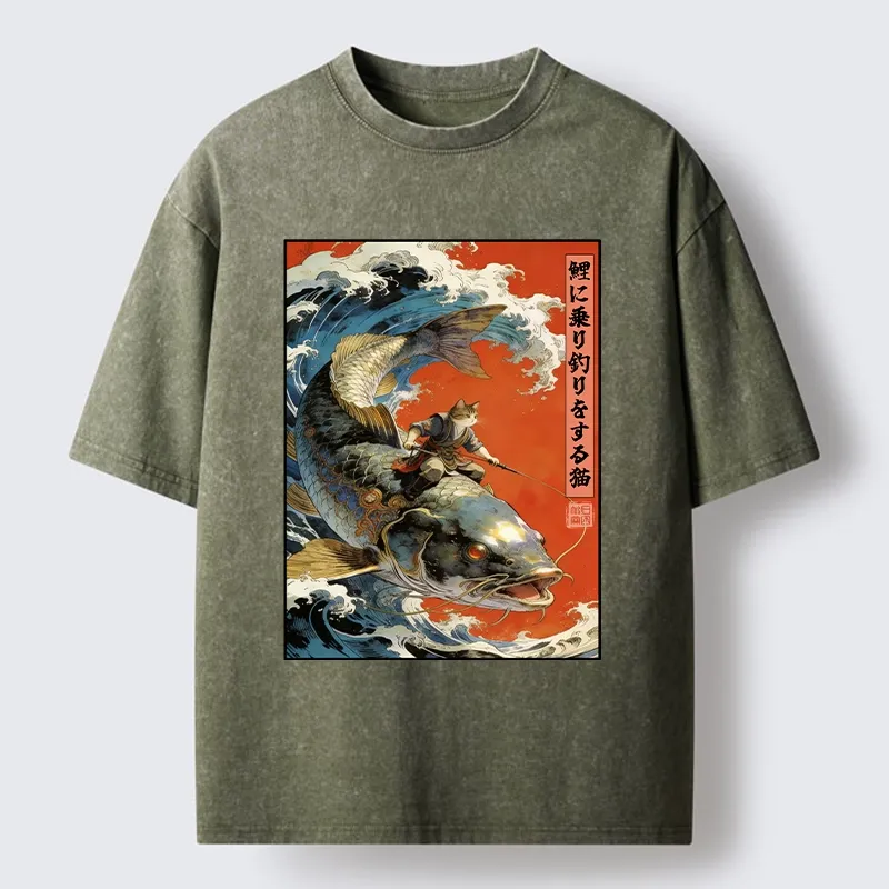 Tokyo-Tiger Ukiyo E Cat Fishing Art Washed T-Shirt