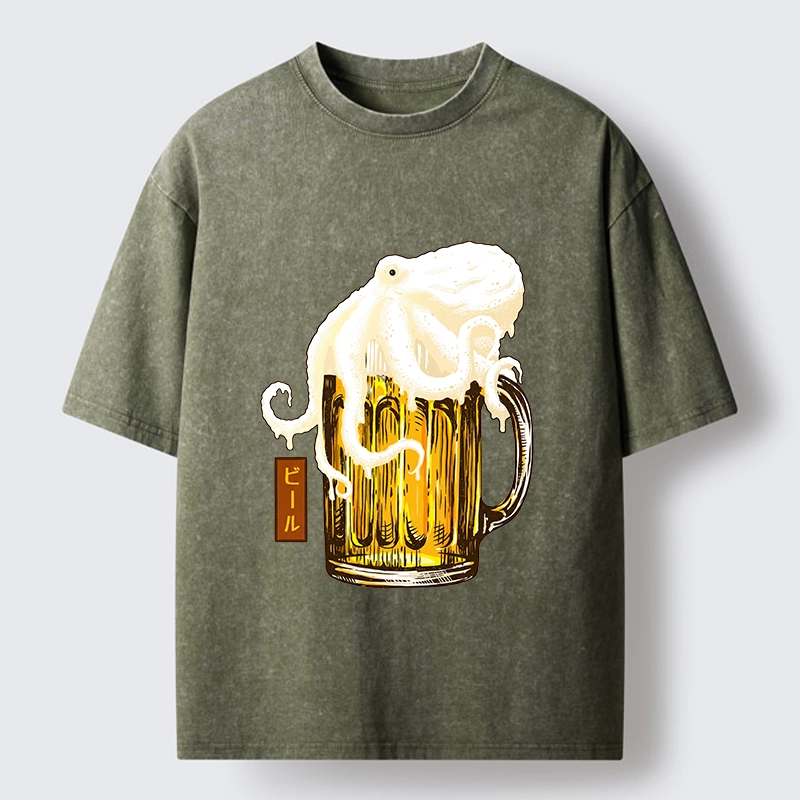 Tokyo-Tiger Octopus Foam On Cold Beer Mug Washed T-Shirt