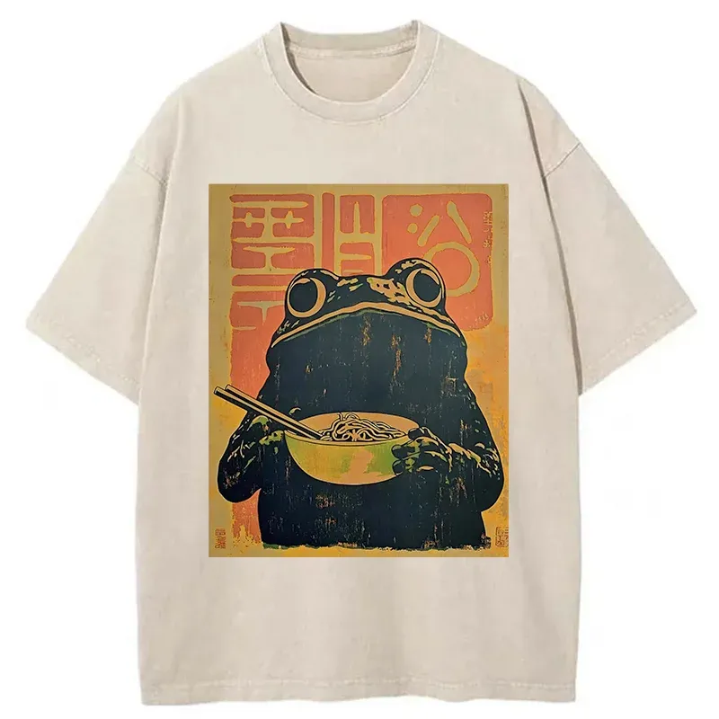 Tokyo-Tiger Retro Frog Eating Ramen Washed T-Shirt