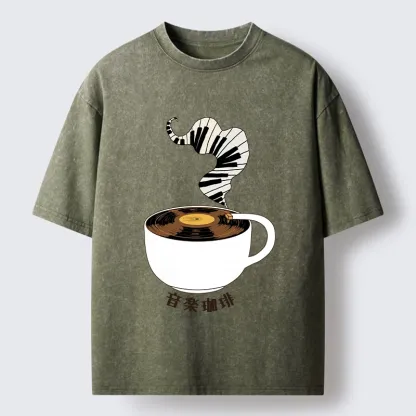 Tokyo-Tiger Piano Smoke Rises From Coffee Mug Washed T-Shirt