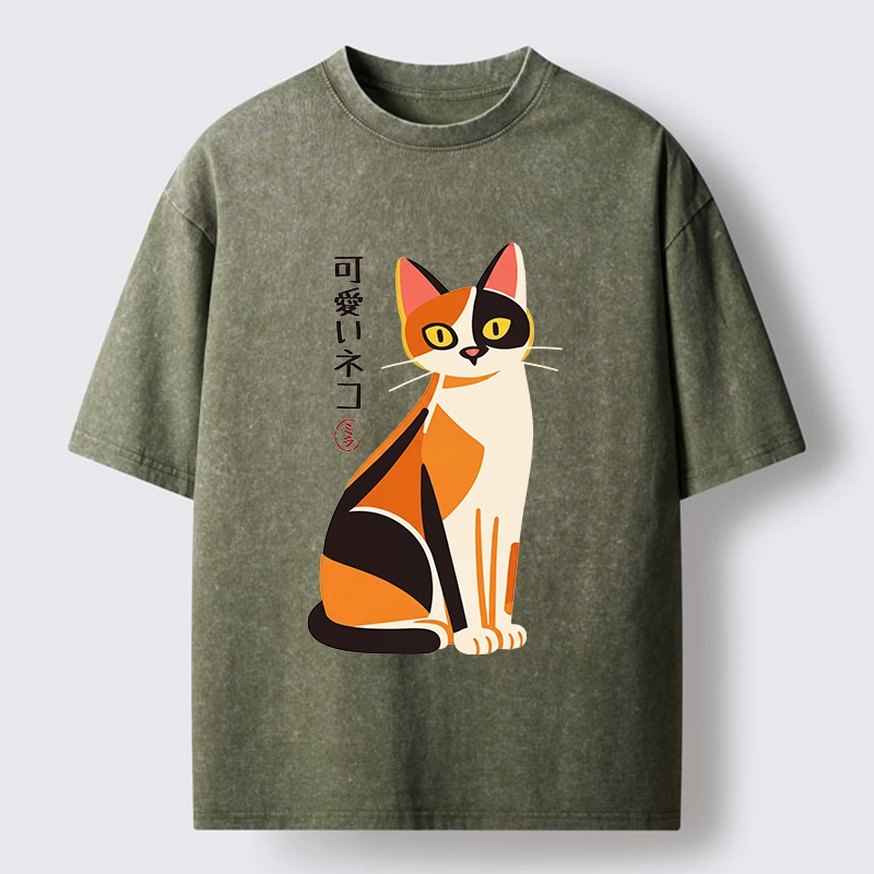 Tokyo-Tiger Cute Calico Cat Japanese Minimal Art Washed T-Shirt