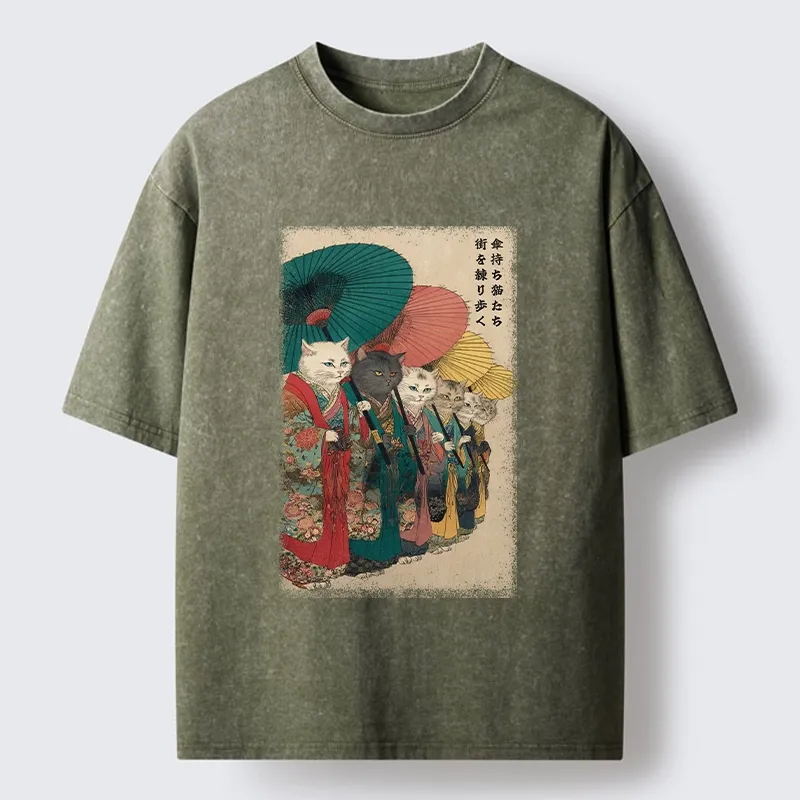 Tokyo-Tiger Kimono Cats Walk With Colorful Umbrellas Washed T-Shirt